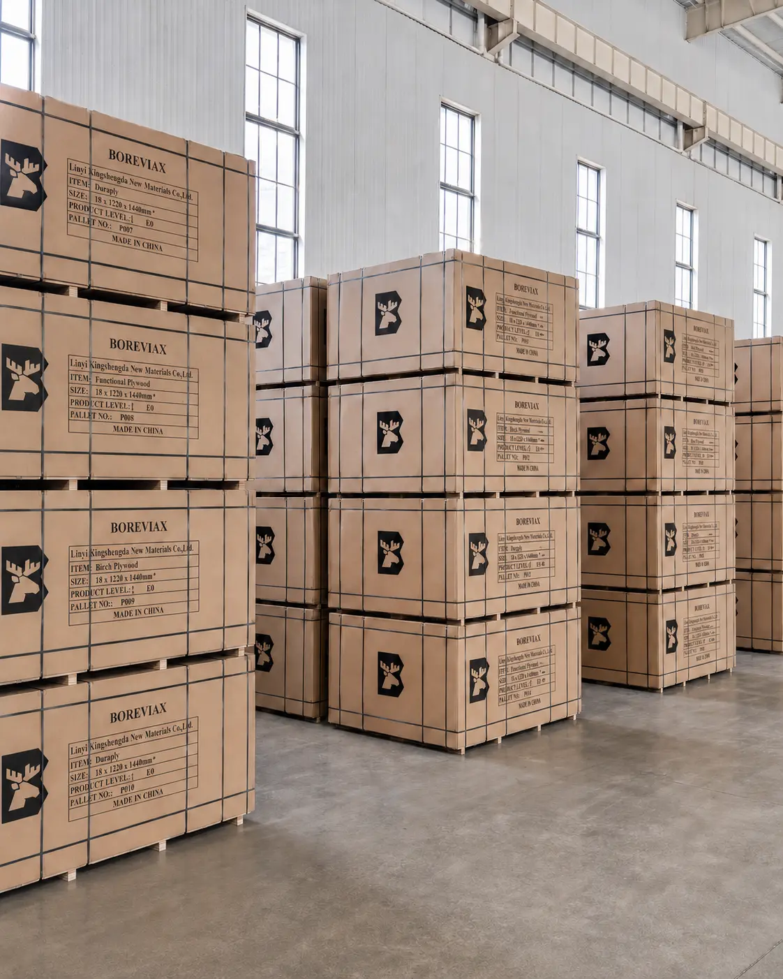 Boreviax-branded export panel packages arranged in a clean warehouse