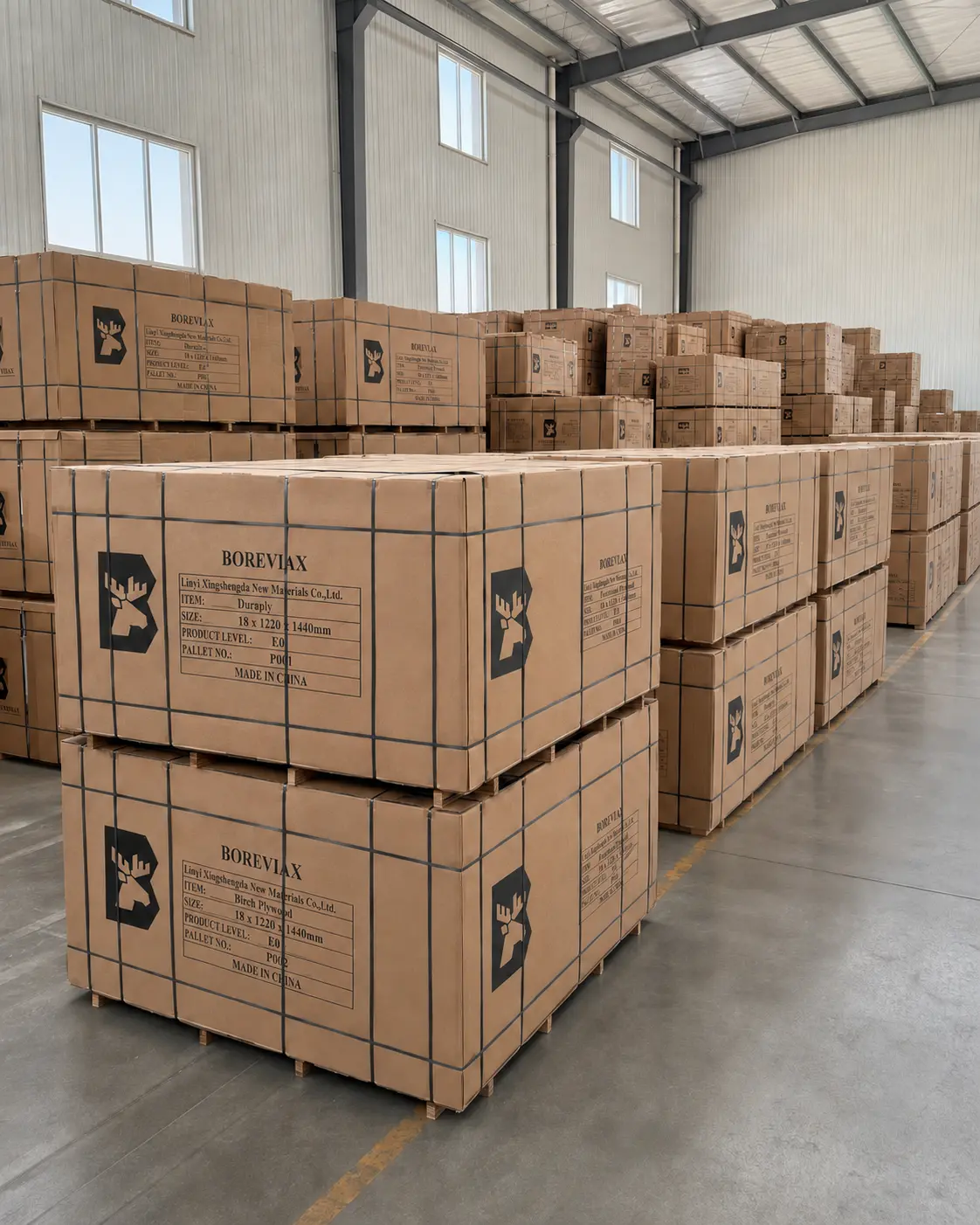 Rows of Boreviax-branded export panel packages prepared for dispatch