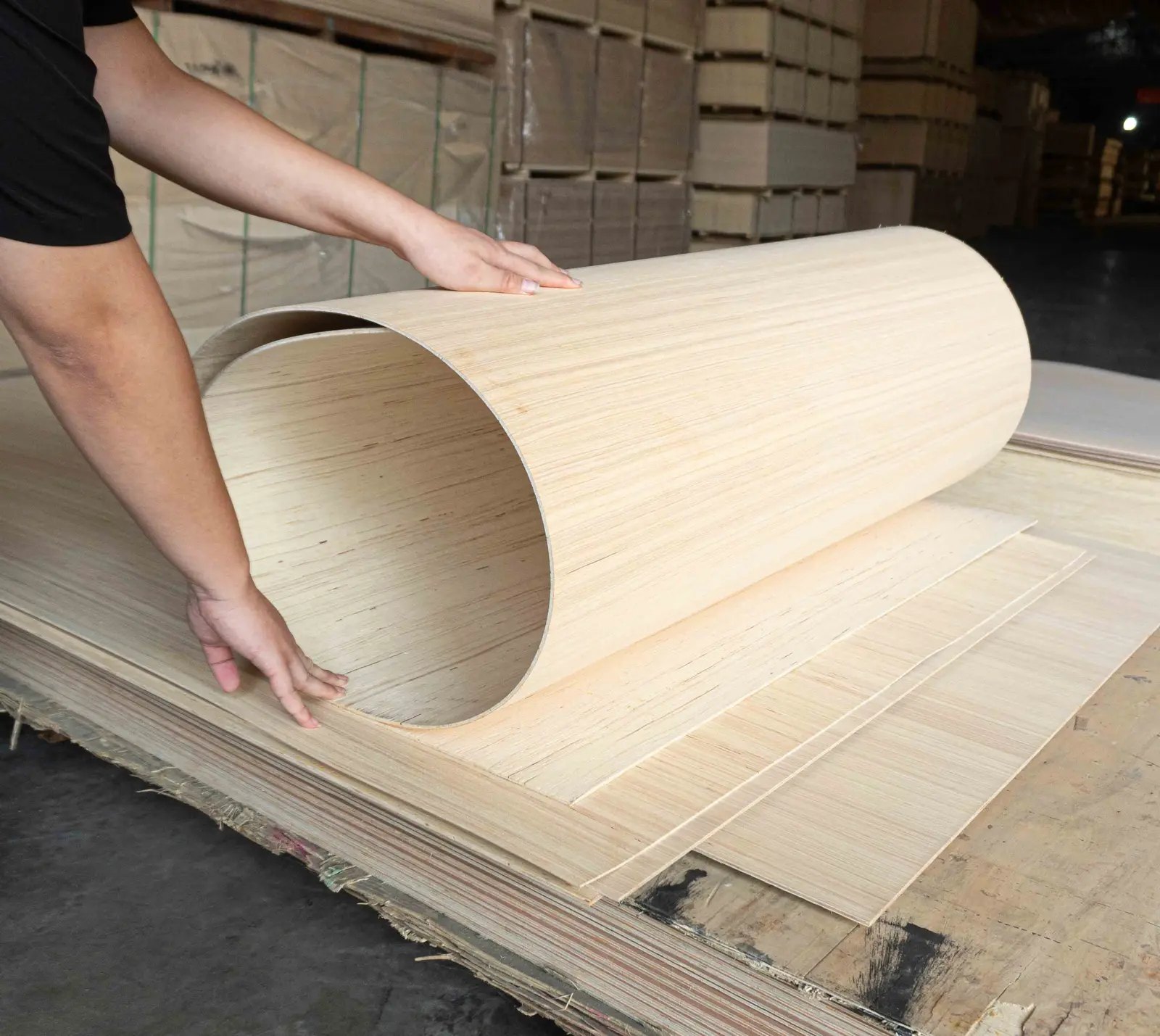 Flexible plywood formed into a large full-width cylinder