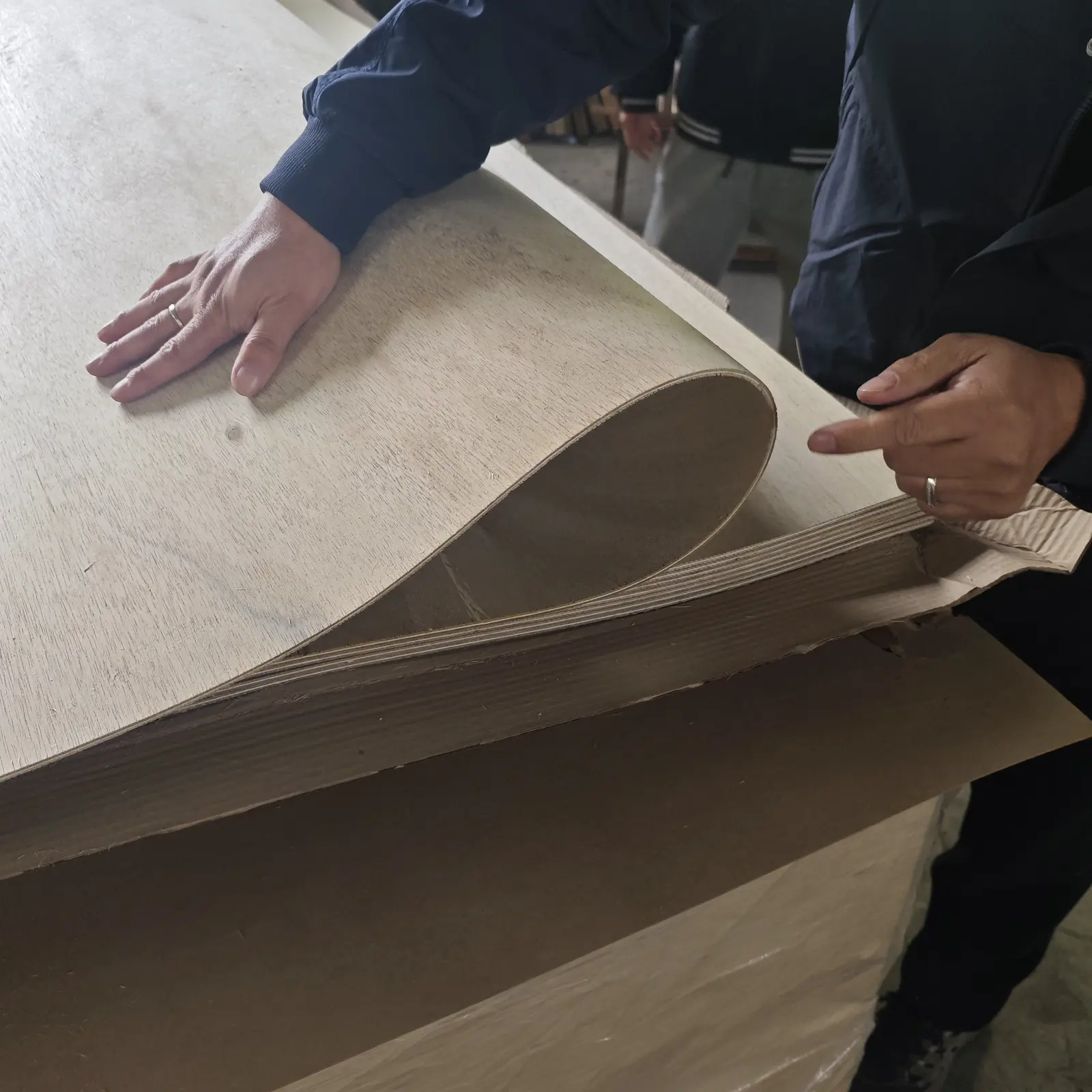 Operator manually forming a flexible plywood sample