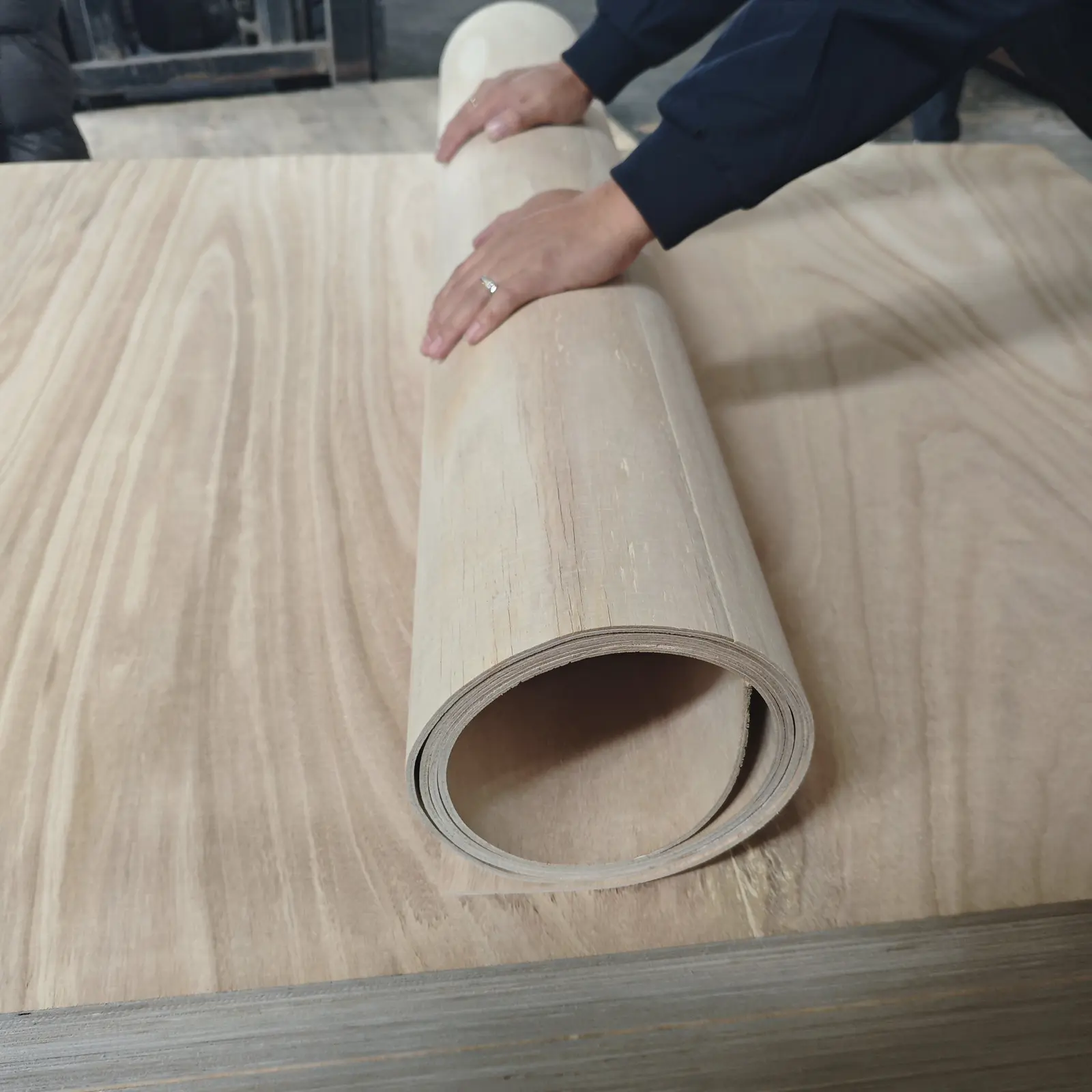 Flexible plywood rolled into a tight cylinder during a bend test