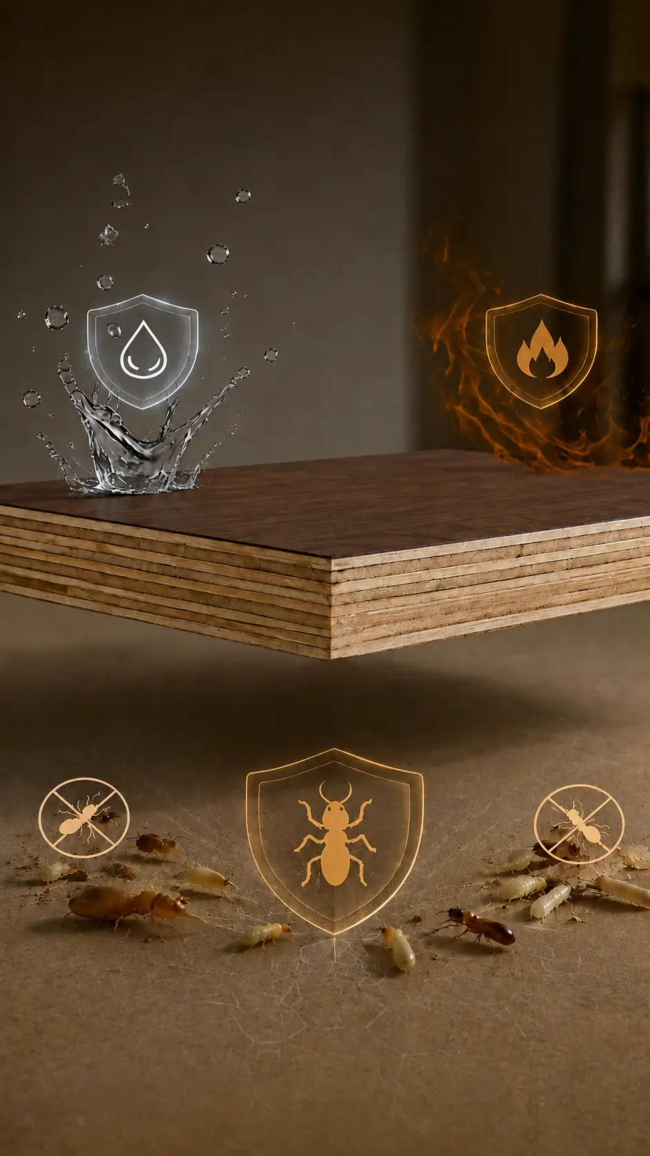Functional plywood visual showing integrated moisture, fire and termite performance