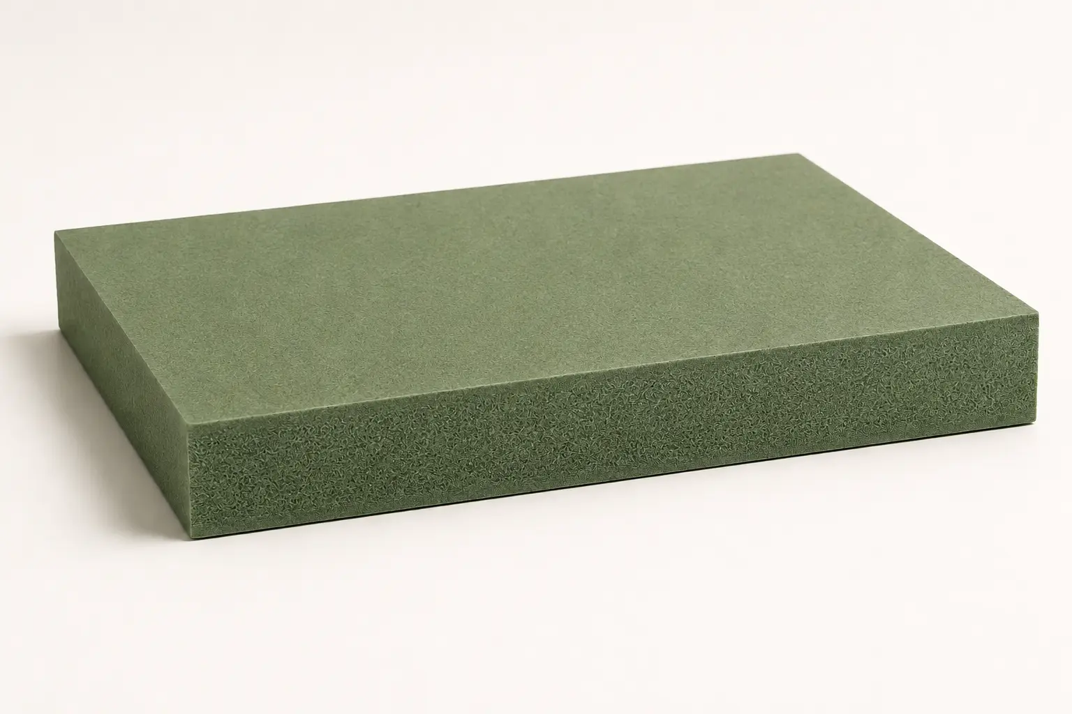 Green moisture-resistant MDF slab with colour extending through its fine-fibre core