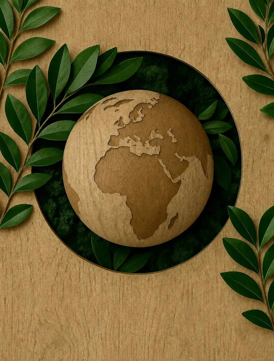 Wood-textured globe surrounded by green leaves