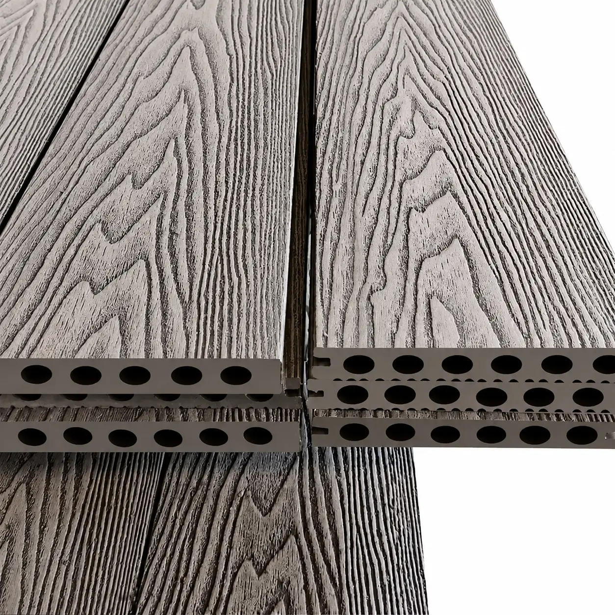 WPC decking profiles showing hollow chamber geometry