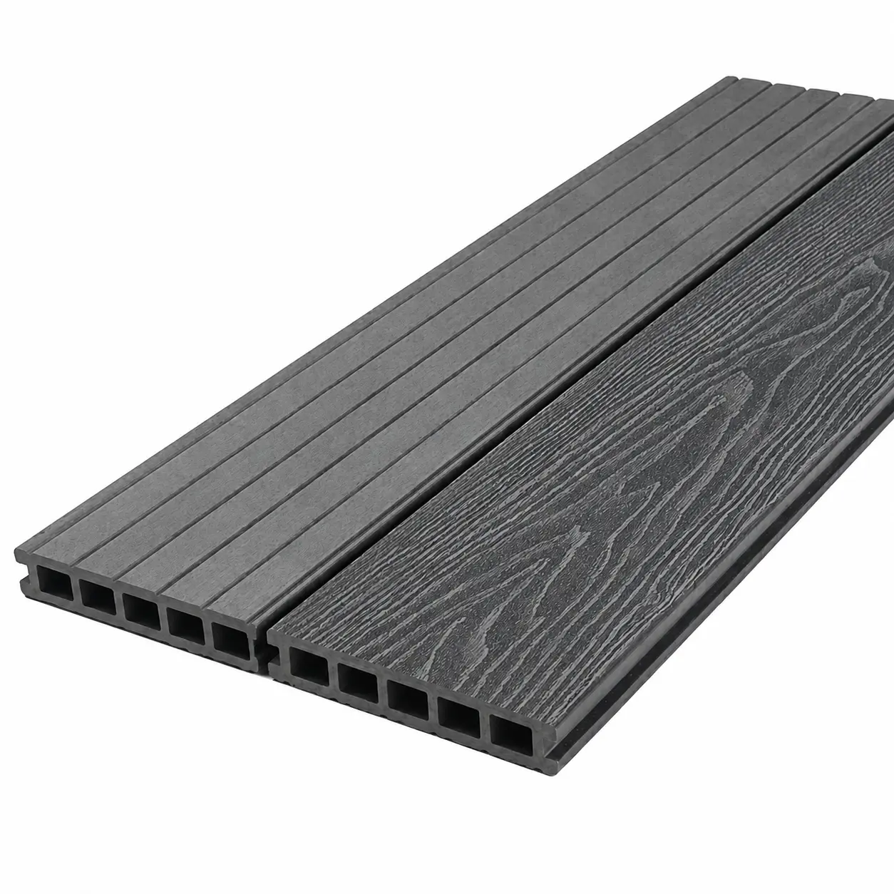 Close view of grey wood-grain WPC decking surfaces and profile ends